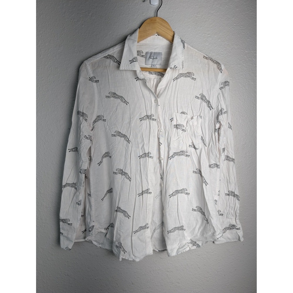 Rails Button-Up Tunic Womens Petites S White Animal Print Long Sleeve Pockets
